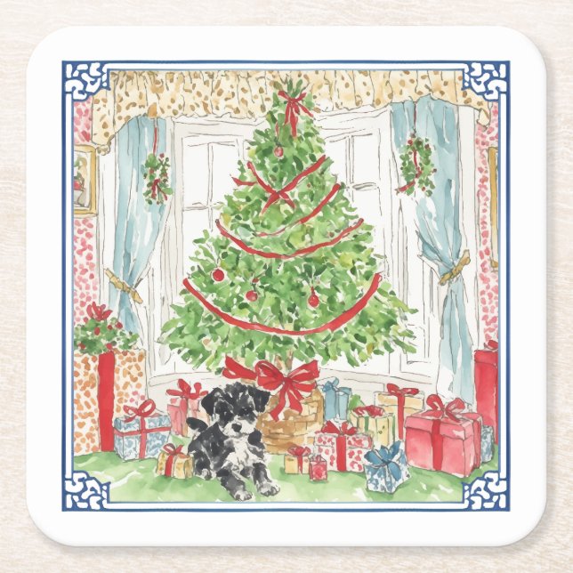 Posavasos Cuadrado De Papel Debajo de los arboles navideños (Anverso)