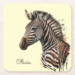 Posavasos Cuadrado De Papel Decoración de la cabeza de zebra de color agua