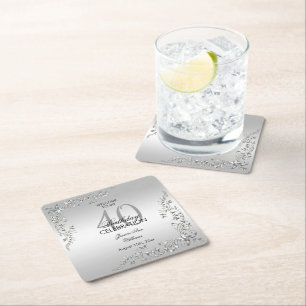 Posavasos Cuadrado De Papel Decoración de Plata Elegante Cumpleaños 40