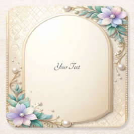 Posavasos Cuadrado De Papel Decorative Floral Frame with Pearls Paper Coaster