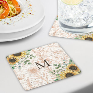 Posavasos Cuadrado De Papel Decoupage de girasol rústico vintage con monograma