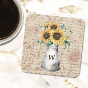 Posavasos Cuadrado De Papel Decoupage de letra vintage de girasol rústico con 