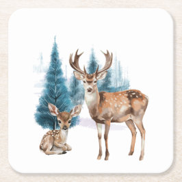 Posavasos Cuadrado De Papel Deer and doe with snowy pine tree