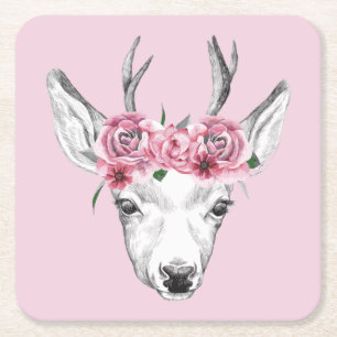 Posavasos Cuadrado De Papel Deer de flores de color agua