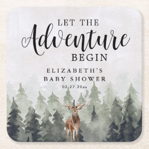 Posavasos Cuadrado De Papel Deer Misty Pine Forest Adventure Baby Shower