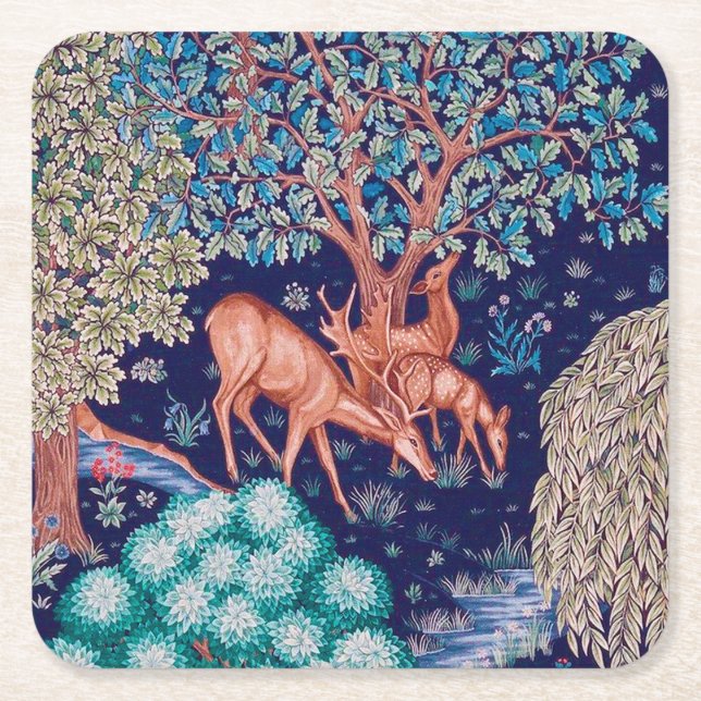 Posavasos Cuadrado De Papel Deers in the Forest, William Morris (Anverso)