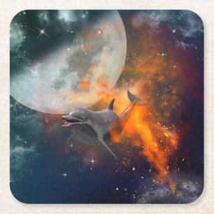 Posavasos Cuadrado De Papel Delfín divertido en el universo