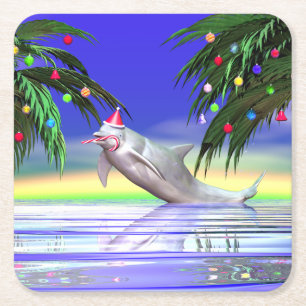 Posavasos Cuadrado De Papel Delfín Navidades tropicales