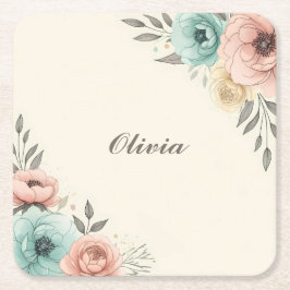 Posavasos Cuadrado De Papel Delicados Flores Sketchy Acuarela 