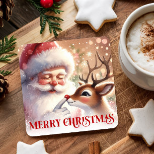Posavasos Cuadrado De Papel Delicioso Santa y Rudolph Papel de Navidad