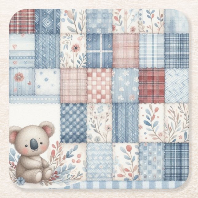 Posavasos Cuadrado De Papel Denim Patchwork Koala - Square Paper Coaster (Anverso)