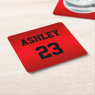 Posavasos Cuadrado De Papel Deportes Jersey Número y Nombre Rojo Personalizado