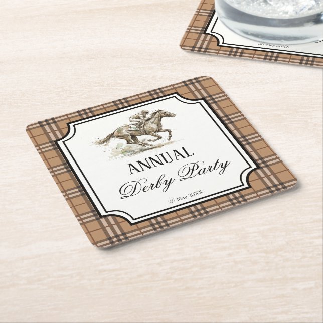 Posavasos Cuadrado De Papel Derby horse racing elegant gingham party gifts (En perspectiva)