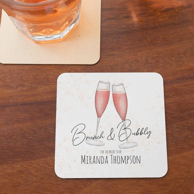 Posavasos Cuadrado De Papel Desayuno nupcial rosa con champán (Brunch and Bubbly calligraphy paper coaster)