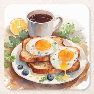 Posavasos Cuadrado De Papel Desayuno Personalizado Huevo Tostada Café Comida F