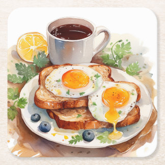 Posavasos Cuadrado De Papel Desayuno Personalizado Huevo Tostada Café Comida F