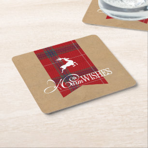 Posavasos Cuadrado De Papel Deseos Cálidos Kraft y Tartán Rojo ID589