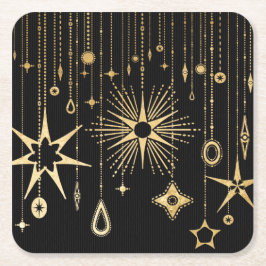 Posavasos Cuadrado De Papel Deseos de Año Nuevo Estrellas Negro y Oro