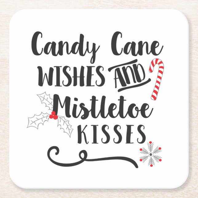 Posavasos Cuadrado De Papel deseos de caña de caramelo y besos de mistletoe (Anverso)
