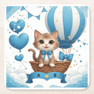 Posavasos Cuadrado De Papel Deseos de fiesta de bebé de gatito azul 🐱