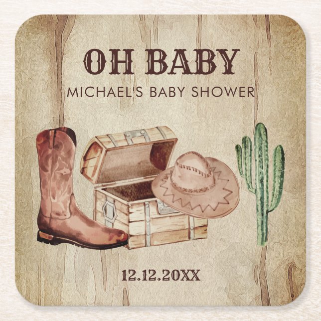 Posavasos Cuadrado De Papel Desert Cactus Baby Cowboy Hat Shoes Party (Anverso)