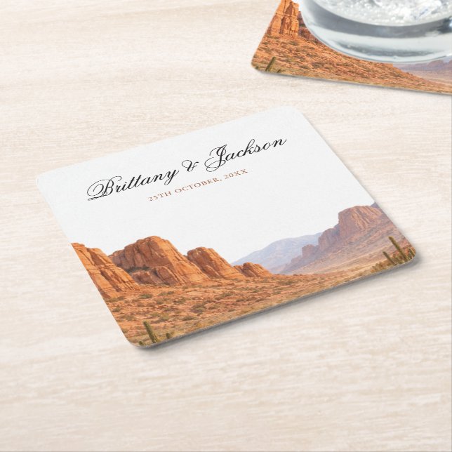 Posavasos Cuadrado De Papel Desert Mountain Landscape Southwestern Wedding (En perspectiva)