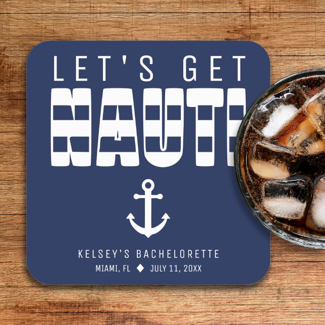 Posavasos Cuadrado De Papel Despedida de soltera azul Let's Get Nauti (Let's Get Nauti Bachelorette Party Square Paper Coaster
)
