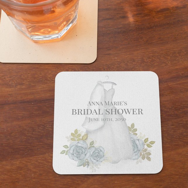 Posavasos Cuadrado De Papel Despedida de soltera clásica elegante azul floral  (Bridal shower paper coaster with blue floral and elegant wedding dress.)