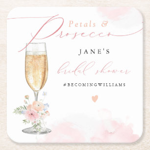 Posavasos Cuadrado De Papel Despedida de soltera con flores rosadas y Prosecco
