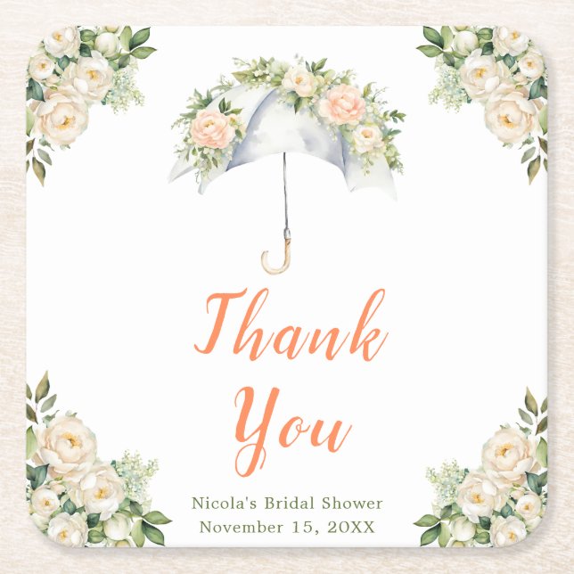 Posavasos Cuadrado De Papel Despedida de Soltera con Paraguas Floral (Anverso)