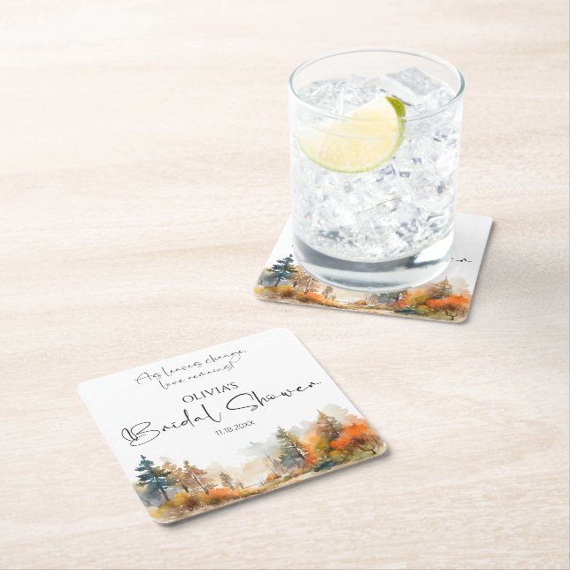 Posavasos Cuadrado De Papel Despedida de soltera de bosque otoñal rústico (In situ)