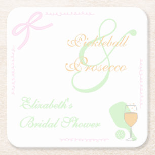 Posavasos Cuadrado De Papel Despedida de soltera de Pickleball y Prosecco