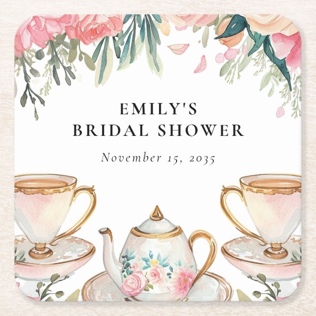 Posavasos Cuadrado De Papel Despedida de soltera elegante de té floral (Anverso)