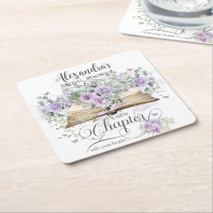 Posavasos Cuadrado De Papel Despedida de soltera Floral Libro Lila Púrpura Nue