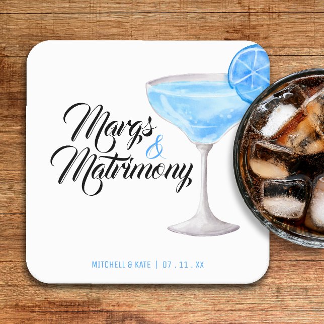 Posavasos Cuadrado De Papel Despedida de soltera Margs & Matrimony azul (Margs & Matrimony Blue Bridal Shower Square Paper Coaster
)