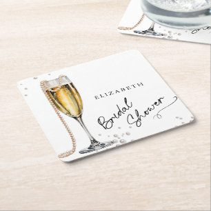 Posavasos Cuadrado De Papel Despedida de Soltera Minimalista Perlas y Prosecco