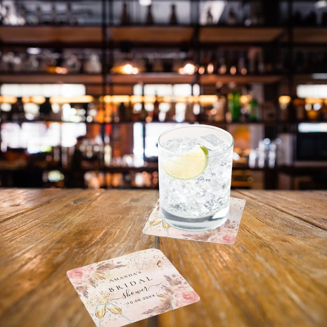 Posavasos Cuadrado De Papel Despedida de soltera pampas rosa dorado burbujeant (Subido por el creador)