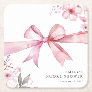 Posavasos Cuadrado De Papel Despedida de soltera Pink Bow Tying the Knot
