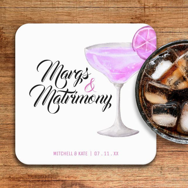 Posavasos Cuadrado De Papel Despedida de soltera rosa Margs y Matrimonio (Margs & Matrimony Pink Bridal Shower Square Paper Coaster
)