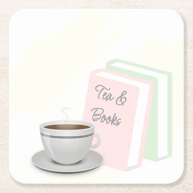 Posavasos Cuadrado De Papel Despedida de Soltera: Té y Libros (Anverso)