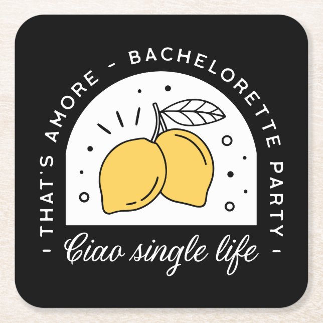 Posavasos Cuadrado De Papel Despedida de soltera tema de limón negro amarillo (Anverso)
