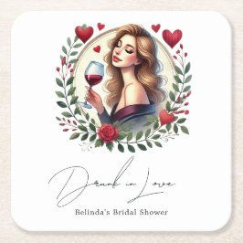 Posavasos Cuadrado De Papel Despedida de Soltera: Vino Elegante y Amor Borrach