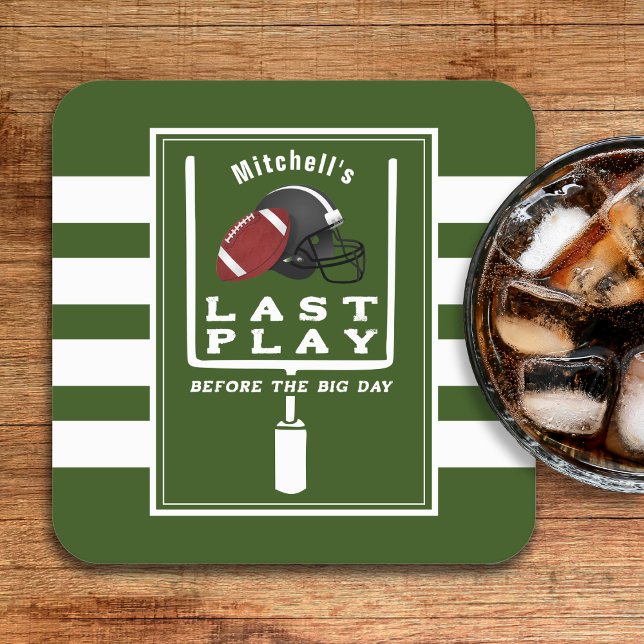 Posavasos Cuadrado De Papel Despedida de soltero de fútbol americano Última ju (Football Bachelor Party Last Play Before Big Day Square Paper Coaster
)
