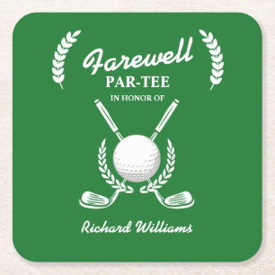 Posavasos Cuadrado De Papel Despedida Jubilación Club de Golf Wreath fue Fiest