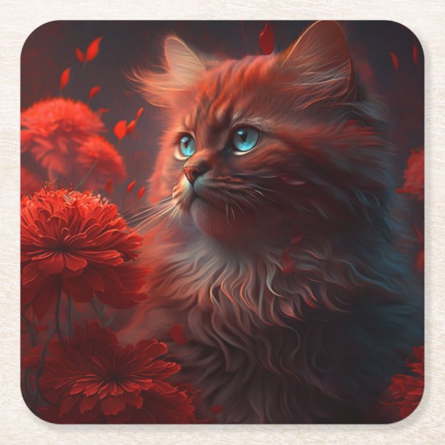 Posavasos Cuadrado De Papel Dessous de verre chat fleur (Anverso)
