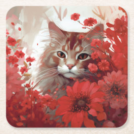 Posavasos Cuadrado De Papel Dessous de verre chat fleur