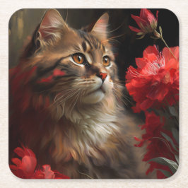 Posavasos Cuadrado De Papel Dessous de verre chat fleur