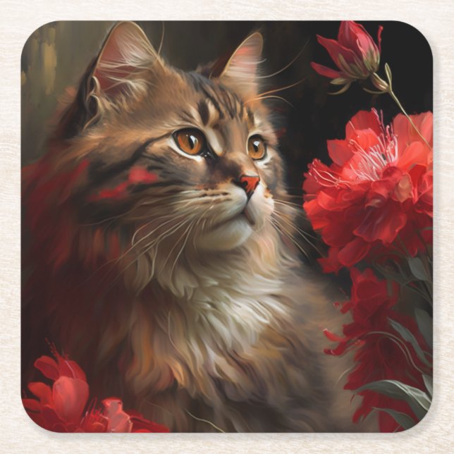 Posavasos Cuadrado De Papel Dessous de verre chat fleur (Anverso)