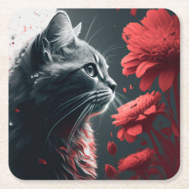 Posavasos Cuadrado De Papel Dessous de verre chat fleur le regard