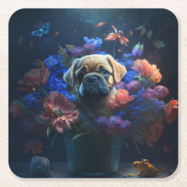 Posavasos Cuadrado De Papel Dessous de verre chien fleur